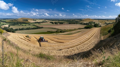 Tractor plowing wheat field under sunny sky in agroecosystem photo