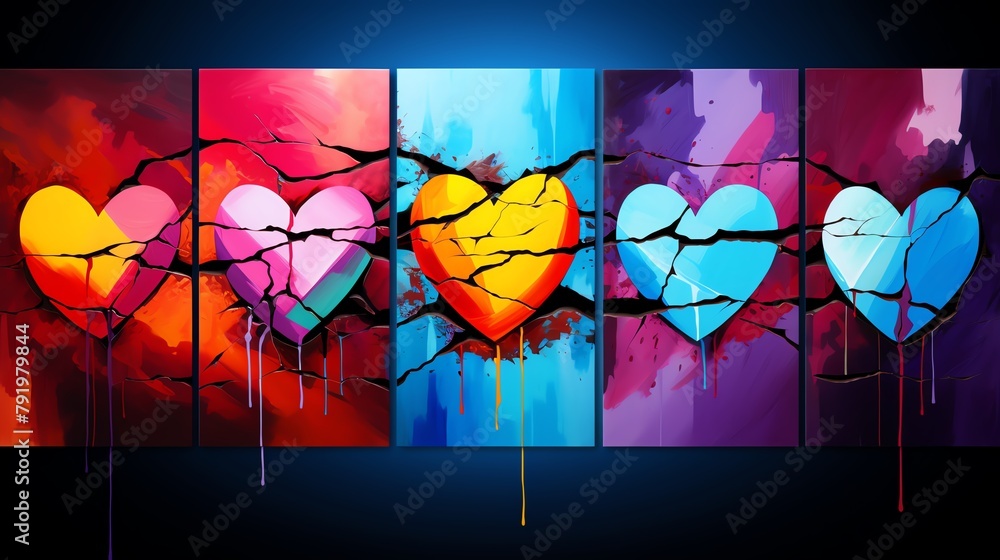 Pop art broken heart, multiple panels showing stages of a heart ...