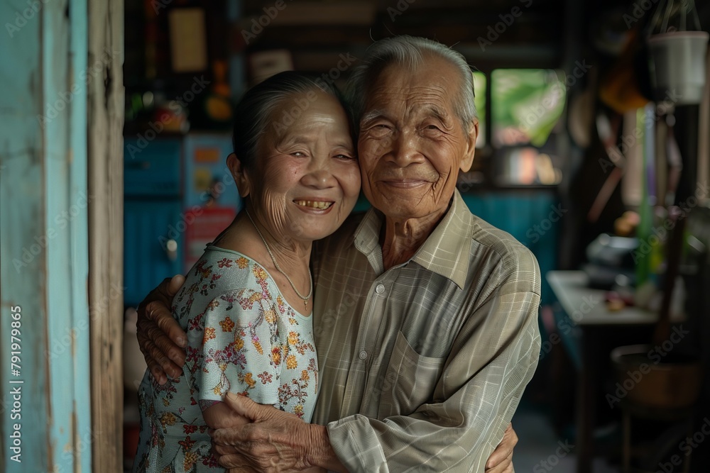 portrait of an Asian old couple embracing each other, family love, old couple