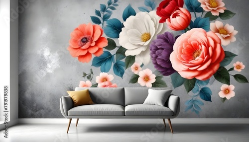 3d wallpaper design with vintage florals on concrete wall for photomural photo