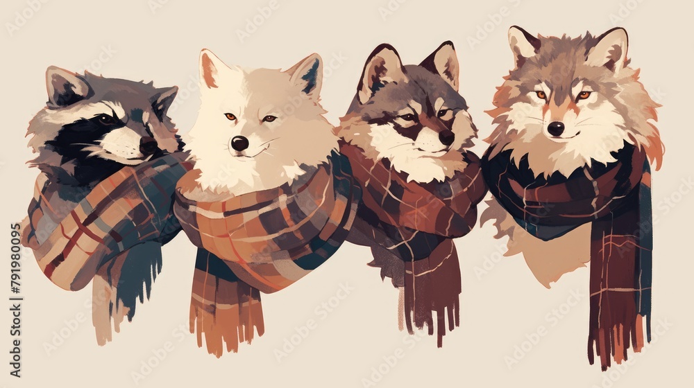 Fototapeta premium 2d illustration of a raccoon wolf fox and owl bird all sporting stylish scarves