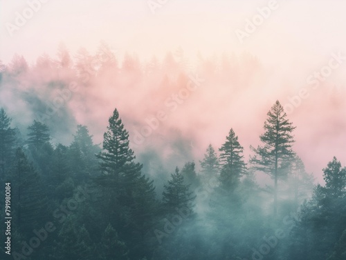 forest with trees, pink haze, gentle soft gradient of the sky