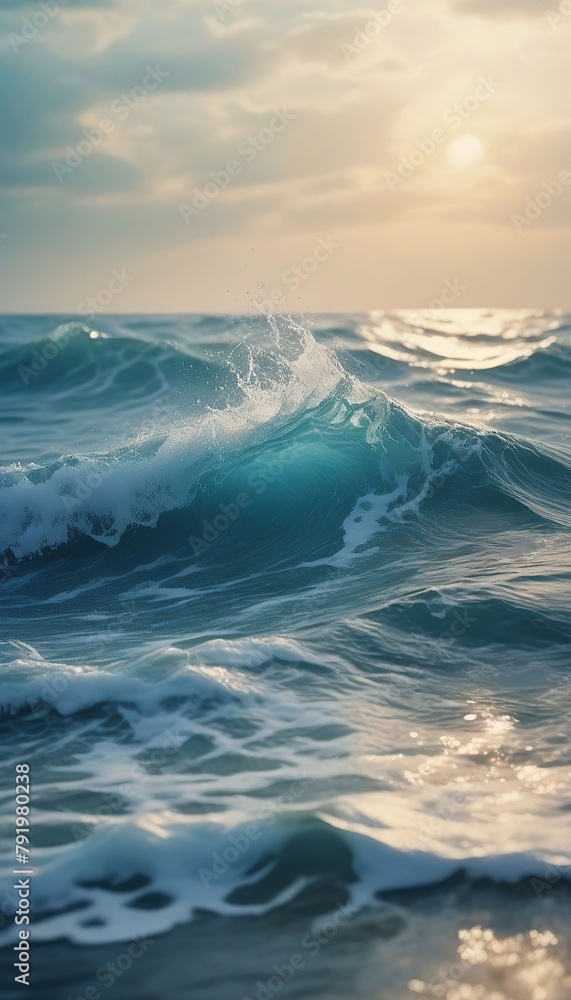 Beautiful seascape with waves and sun. Digital painting.
