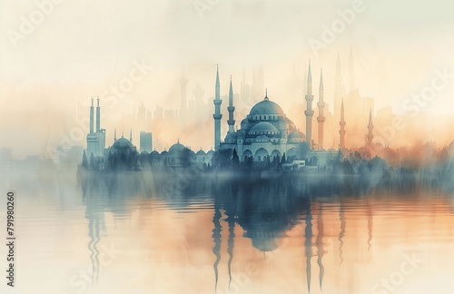 Cover, view of the eastern palace. Turkey, India, Muslims, sinks, lights. Cover for advertisement, salon, spa, invitation, brochure. Oriental concept. In watercolor style. Illustration. 