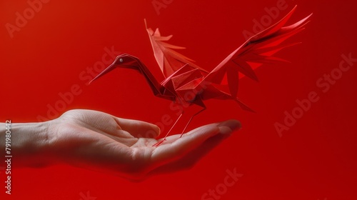   A single hand holds a red origami bird in its palm against a solid red background © Viktor