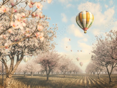 almond trees blooming, soft pink colors, air balloons over the horizon