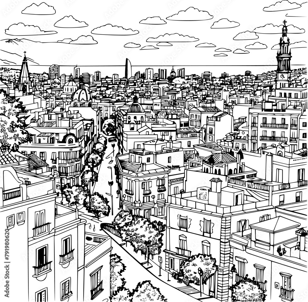 Barcelona Cityscape Coloring Book, Simple and Minimalist