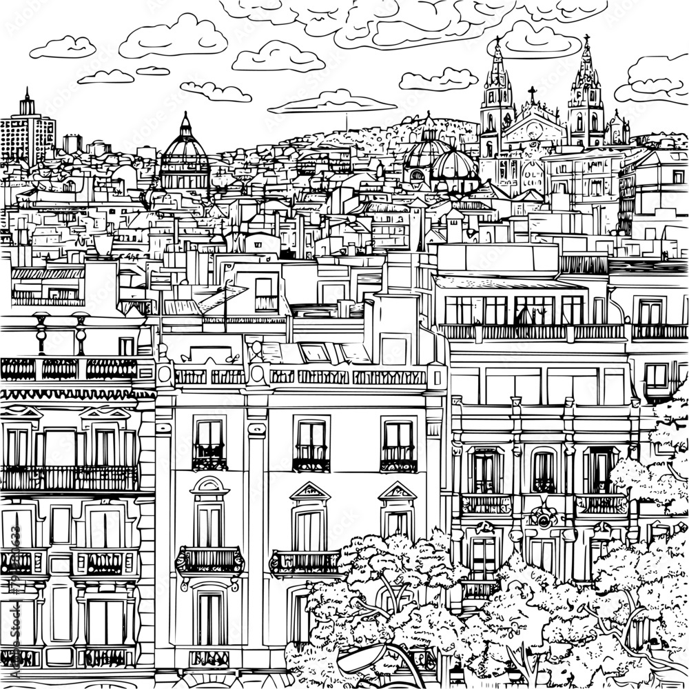 Barcelona Landscape Coloring Image for Kids, Detailed Background