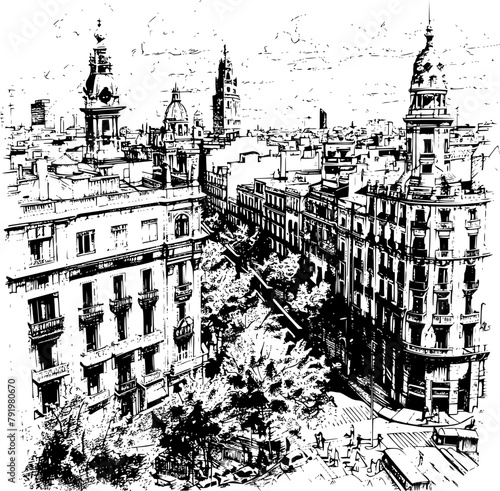 Illustration Print of Barcelona, Whimsical Skyline Sketch