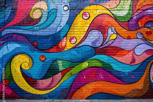 A vibrant, abstract mural covering a brick wall