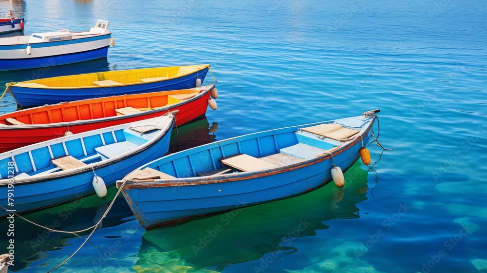 serene seaside town features colorful boats floating peacefully on calm waters, creating a picturesque scene that embodies coastal charm and tranquility.
