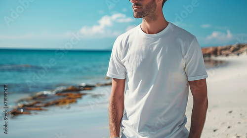 man on the beach in a white tshirt photo