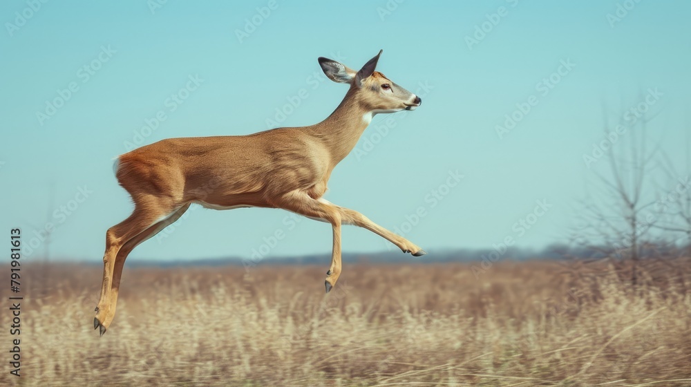 A deer leaps high above tall grass in a blue-skied field A deer leaps high above tall grass in a blue-skied field