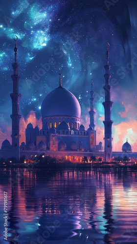 Oriental Banner Illustration: Mosque at Night Under the Moon