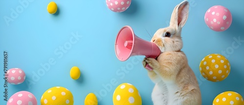 Vibrant collage with Easter bunny megaphone promotes business discounts and job info. Concept Promotional Collage, Easter Bunny Megaphone, Business Discounts, Job Information, Vibrant Design photo