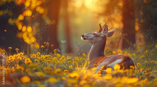   A deer reclines in a field, surrounded by yellow flowers in the foreground, with trees stretching behind photo