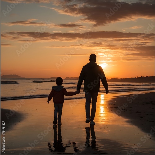 Father and son walking on the beach during sunset. photo