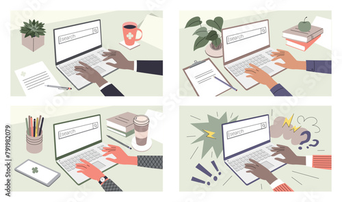 Searching Hands With Laptop Design Set