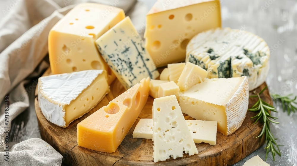 Assorted cheeses on a wooden board, perfect for a cheese platter