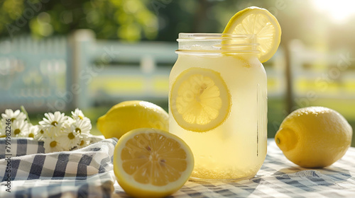 Refreshing lemonade in a mason jar surrounded by summer vibes