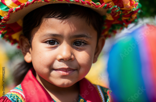 Close-up portrait of a Mexican child at Cinco de Mayo, festive decorations blurry behind. AI generated.
