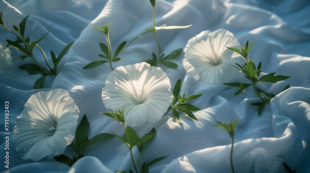   A white flower arrangement sits atop a white bedswith a blue sheet, surrounded by green leafy coverings