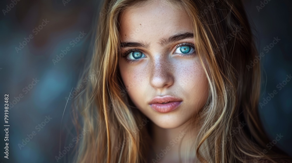 A tight shot of a woman's face adorned with freckles, including those around her eyes A tight shot of a woman's face adorned with freckles, including those around her eyes