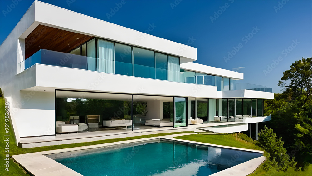  A white modern and luxurious exterior house with swimming pool