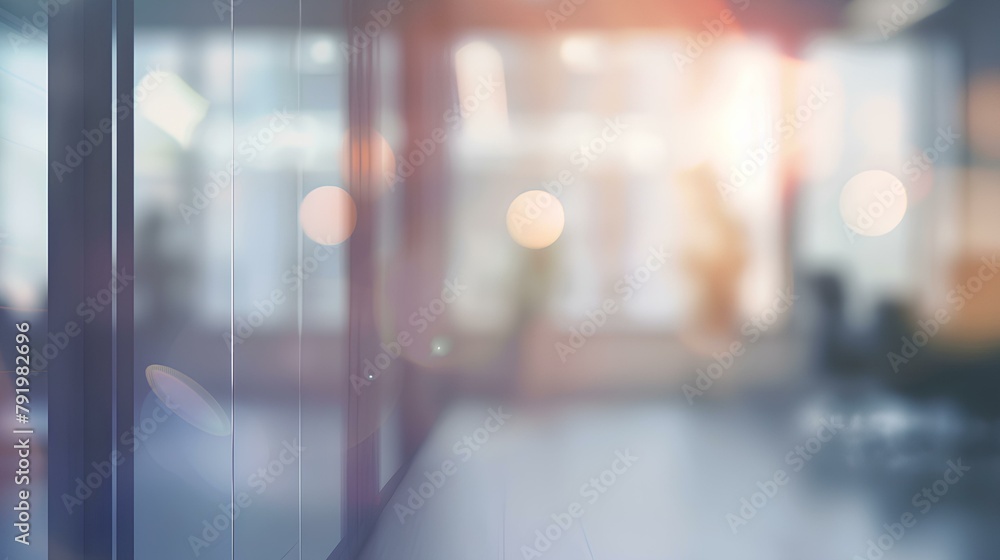 Beautiful blurred background of a light modern office interior with panoramic windows and beautiful lighting