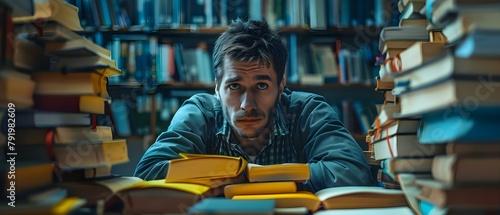 A man overwhelmed by books papers and time management struggles. Concept Workload Management, Stressful Organization, Time Crunch, Multitasking Challenges photo