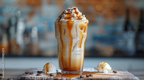 iced coffee with ice cream and glaze in a glass photo