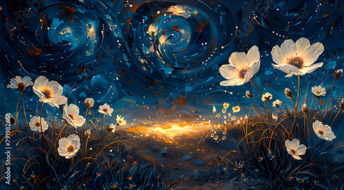 Celestial Blossoms: Oil Painting of White Flowers Beneath Van Gogh Sky