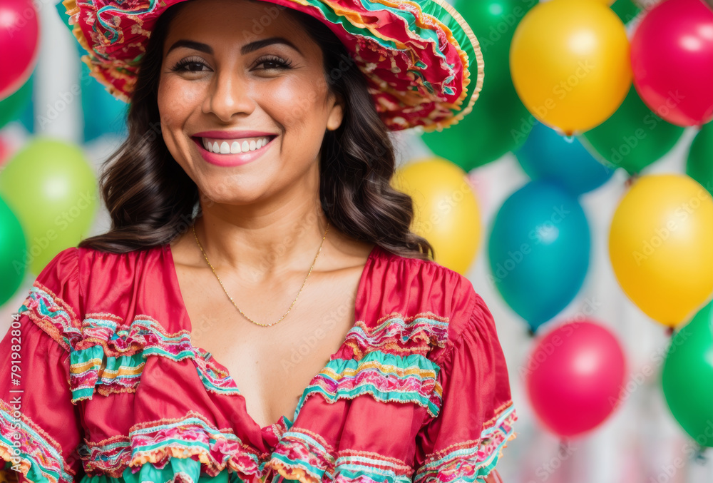 Upper body shot of a happy Mexican woman smiling, with a blurred Cinco de Mayo party background. AI generated. Upper body shot of a happy Mexican woman smiling, with a blurred Cinco de Mayo party background. AI generated.