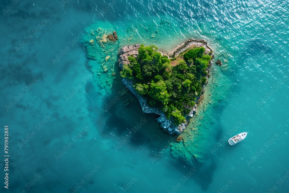 Aerial view of heart shaped island with yacht as concept for romantic vacation generated by AI