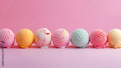 Scoops of different flavors of ice cream on a pink background