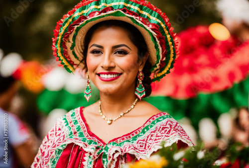 Happy Mexican woman in traditional outfit, blurred festive Cinco de Mayo party scene behind