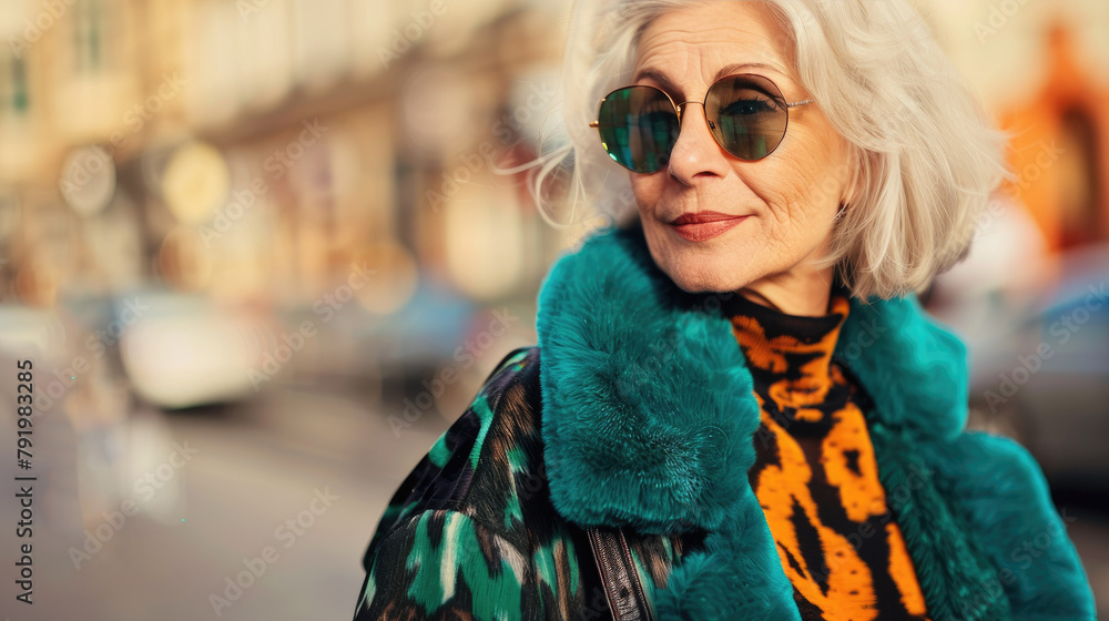 Old fashionable woman, street photo. Lady with grey hair wearing sunglasses and green coat, travelling, outdoors Old fashionable woman, street photo. Lady with grey hair wearing sunglasses and green coat, travelling, outdoors