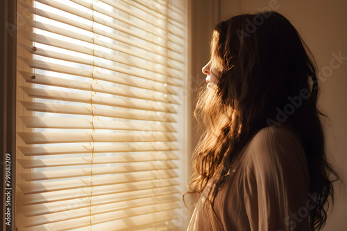 Woman with long hair is standing in front of window with closed blinds, difficult period in life, copy space banner