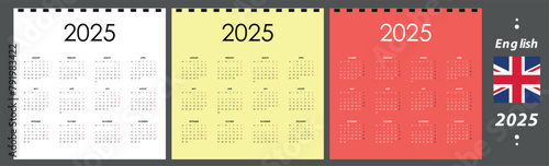 Square calendar for 2025 in set of three colors, annual one page