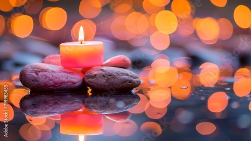   A lit candle atop a table  nearby a stack of rocks and a potato reflected in a polished surface