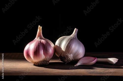 two heads of garlic in shadow on a wooden surface, in the style of minimal retouching сreated with Generative Ai