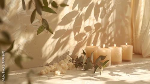   A collection of candles atop the floor, adjacent to a wall, casting a leaf-shadow photo