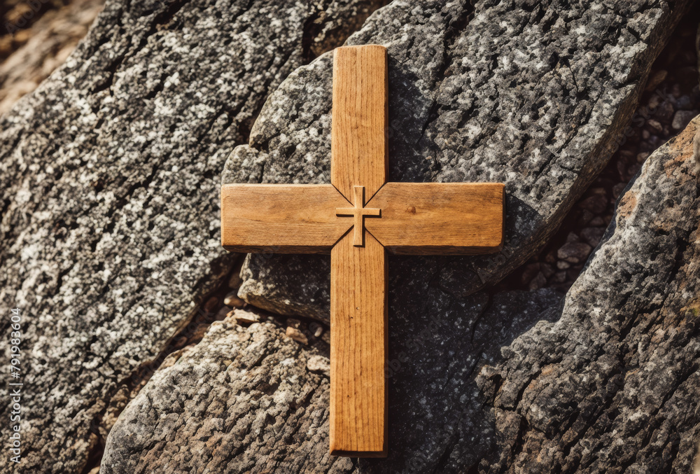 A simple wooden holy cross on a rustic stone wall, evoking a timeless spirituality. AI generated.