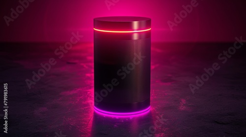   A table holds a tubelit by a dark room's edge Its interior glows pink from an enclosed light source behind
