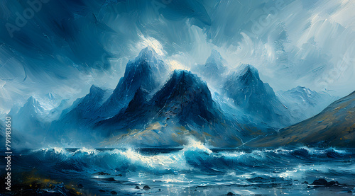 Mountain Symphony: Oil Painting of Dynamic Wind Energy Through Mountain Peaks