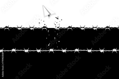 concept freedom, flight, breaking barriers, liberation, victory. barbed wire breaks and turns into a bird 