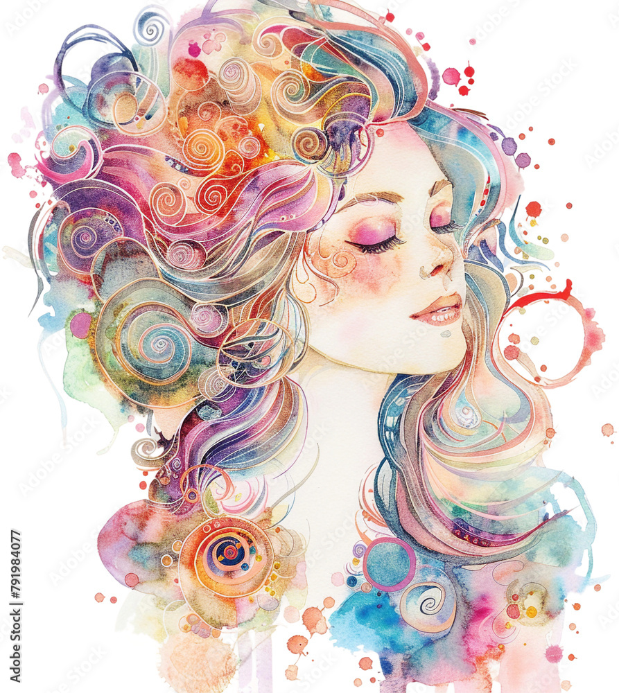 Vibrant Watercolor Woman with Abstract Swirls Illustration Vibrant Watercolor Woman with Abstract Swirls Illustration