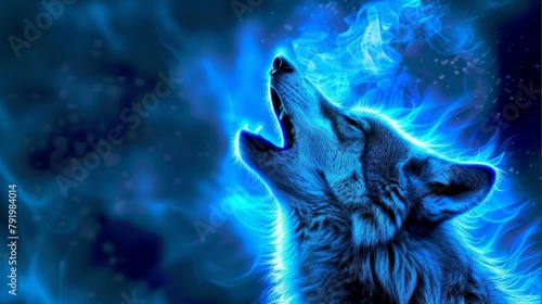   A wolf baring its teeth before a blue backdrop, emitting fire and smoke from its open maw photo