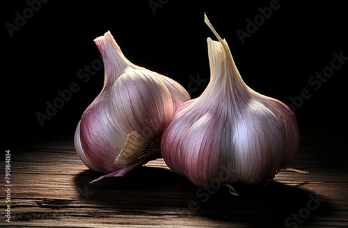 two heads of garlic in shadow on a wooden surface, in the style of minimal retouching сreated with Generative Ai