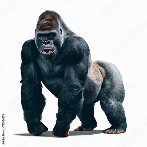 A silver back gorilla standing and looking alert and menacing against a natural background. generative ai